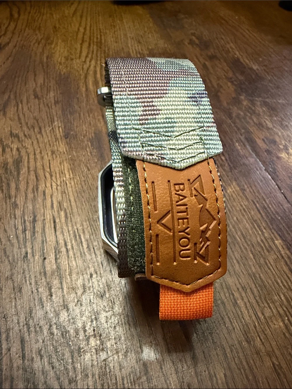 Rugged Metal Watch Case with Green Nylon & Tan Leather Strap